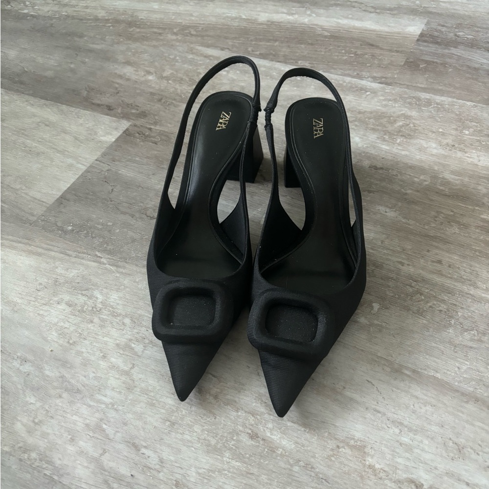 Zara black Slingback Pointed-Toe Block Heel Pumps, size 40